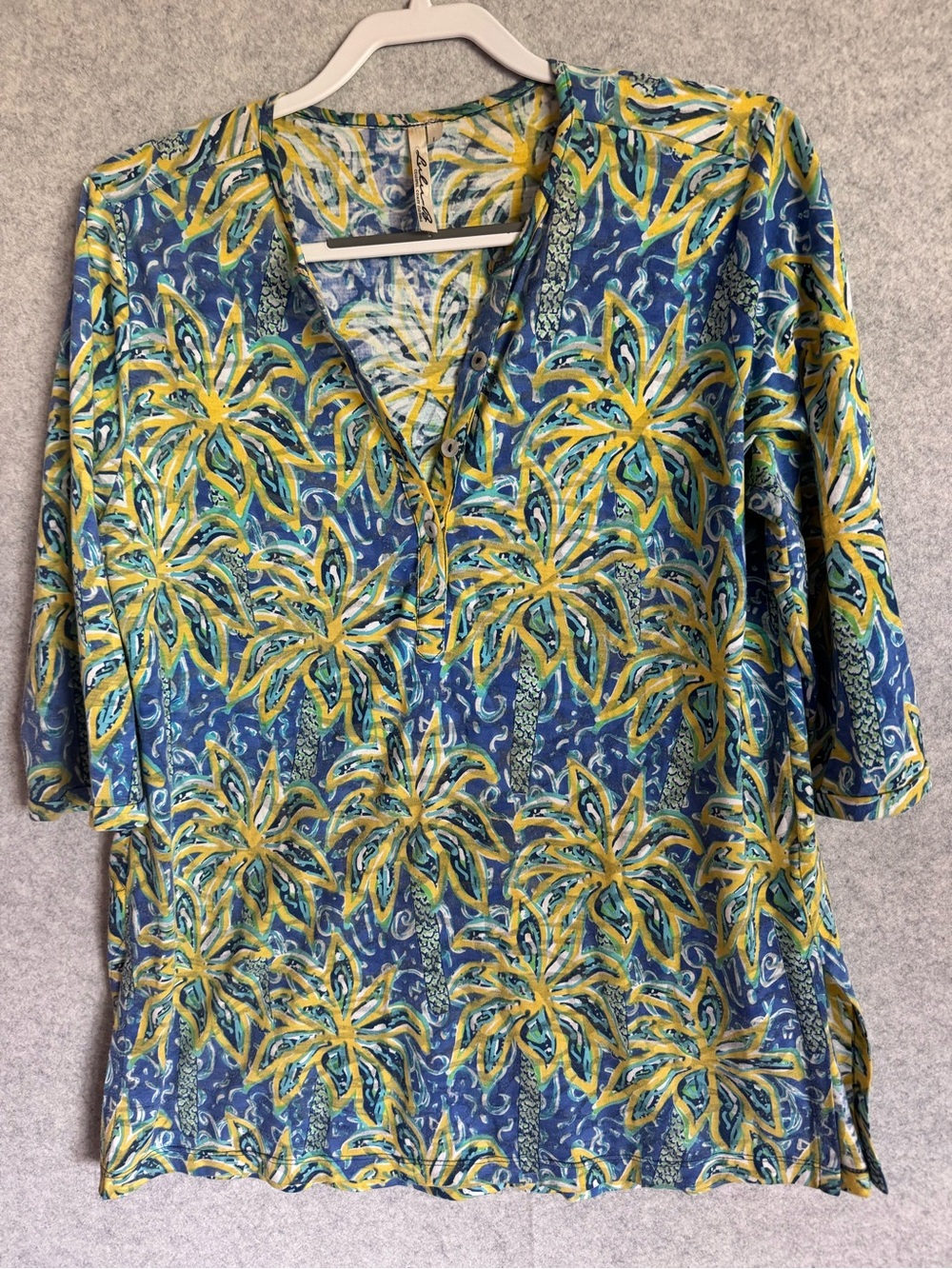 Lulu-B Blue and Yellow Tropical Large Lightweight Palm-Print Button Shirt
